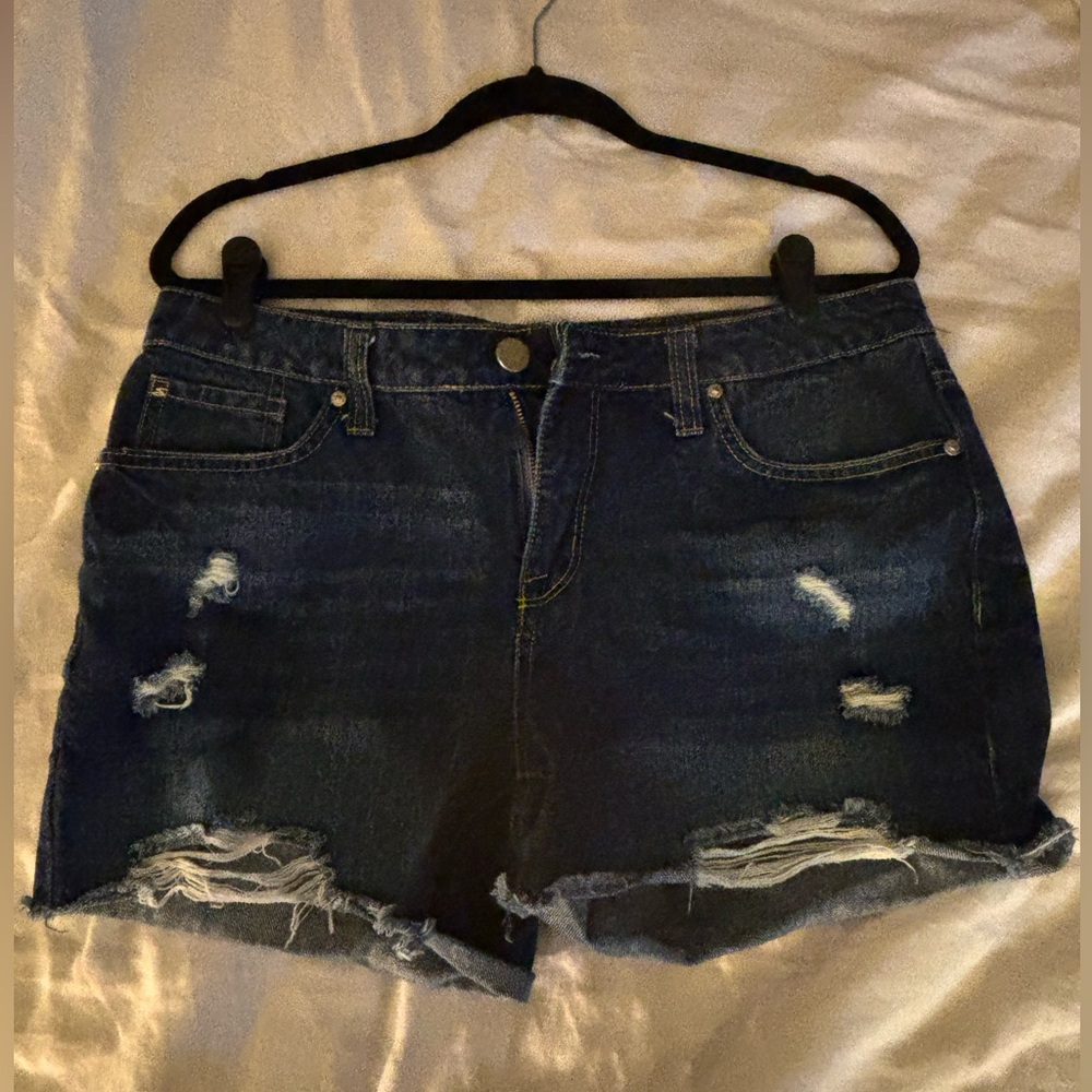 7 For All Mankind Dark Blue Distressed Jean Shorts